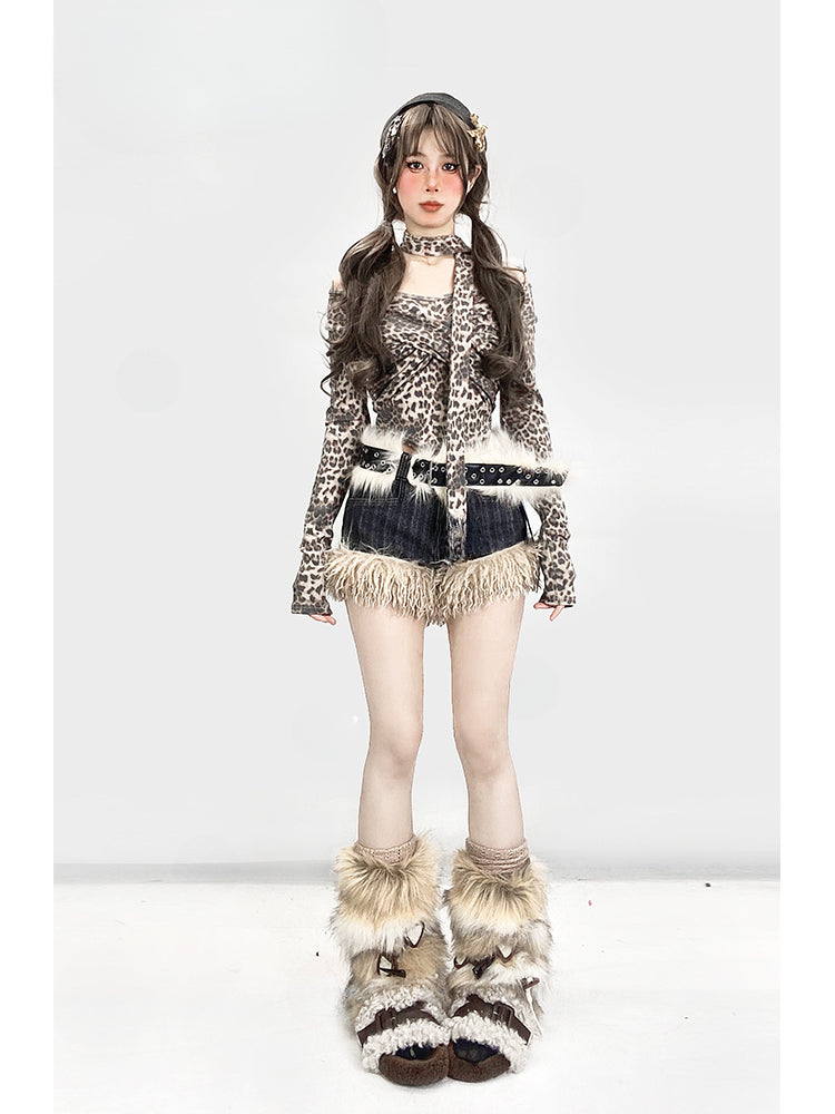 Y2Kギャルコーヒーレオパード柄オフショルダーネックラインヴィンテージグラマラストップス（スカーフ付き）