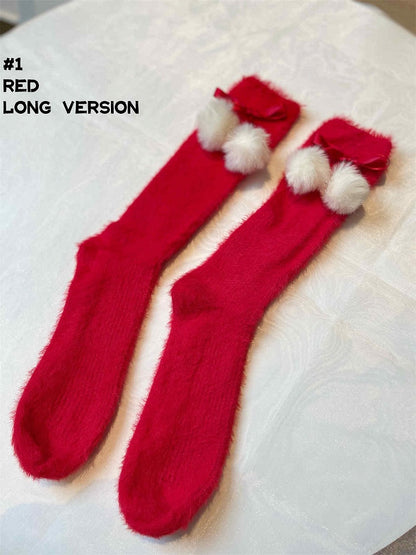 6 Options Red/White Bow Pompons Ankle/Calf Socks