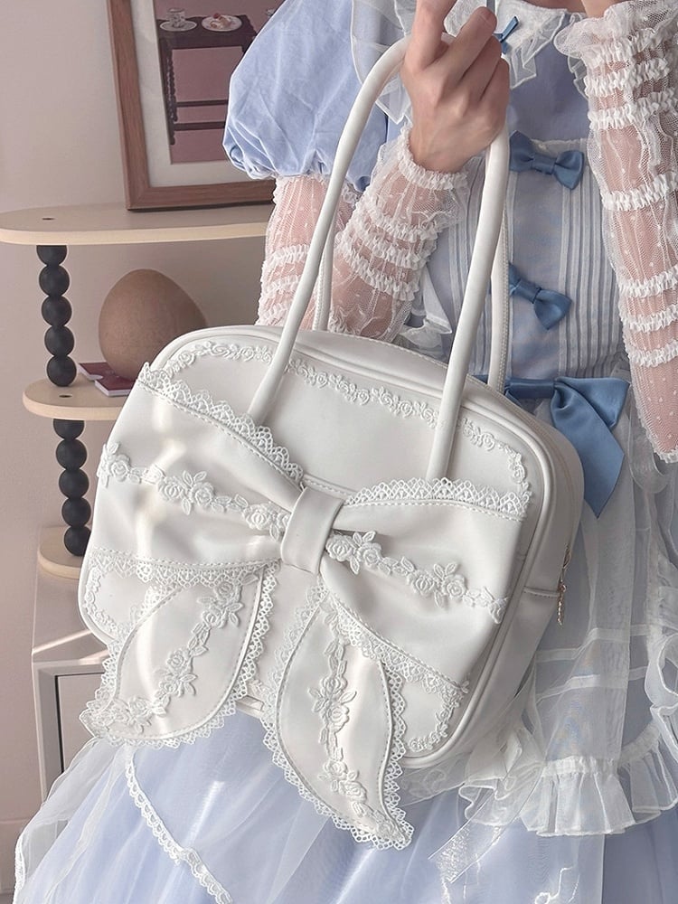 3 Featuring Large Bow Styles White PU Trim Lolita Bag Square Lace and Shoulder a