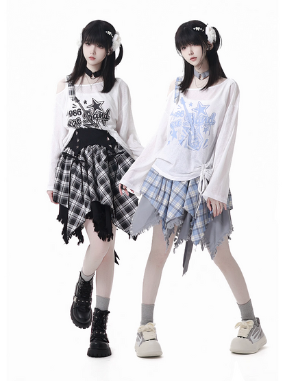 Blau/Schwarz Free mit Choker-Gitarrendruck, asymmetrischer Ausschnitt, Überwurf