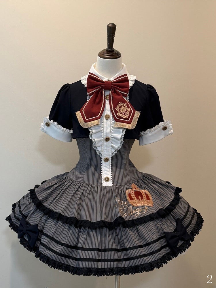 Monochrome Preppy Striped Two-Piece Gown with Crown Embroidery - Fairy Faith