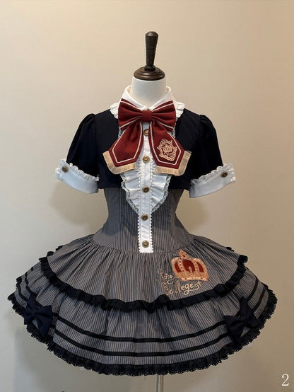 Monochrome Preppy Striped Two-Piece Gown with Crown Embroidery - Fairy Faith