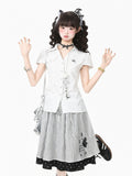 White Polo Collar Short Sleeve Blouse with Polka Dots - Languid Park