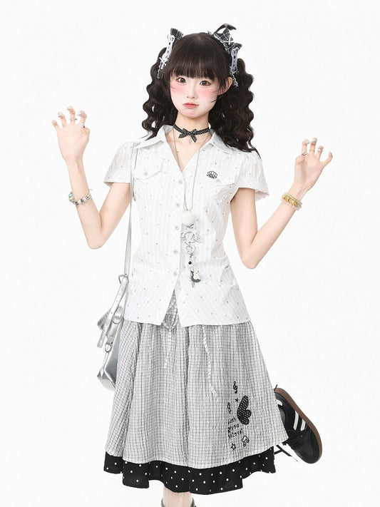 White Polo Collar Short Sleeve Blouse with Polka Dots - Languid Park