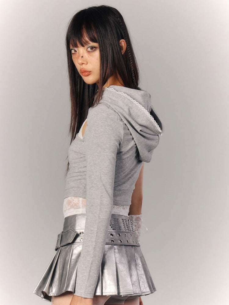 Cropped Gray with Sleeves Chest Asymmetrical Hood Hoodie Cutout Lace-Trimmed