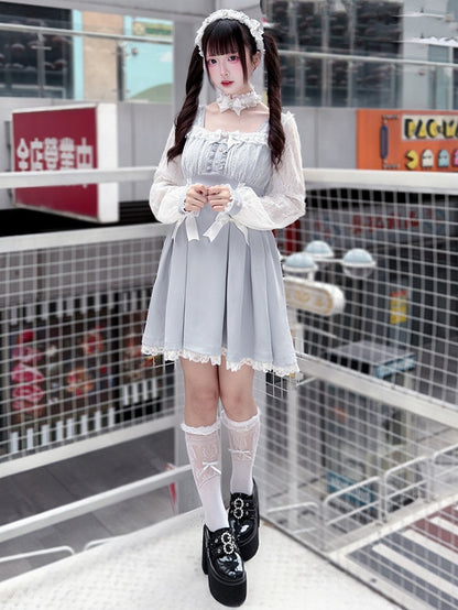 Kei Square Dress Dusty Lace Long-Sleeve Jirai Bow Neck Blue
