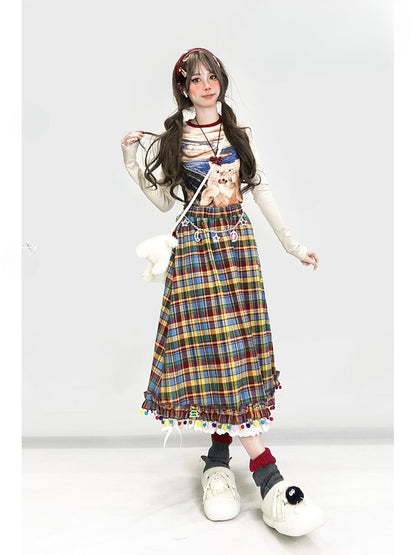 レインボーチェック柄ポンポン裾ミディ丈ヴィンテージスカート