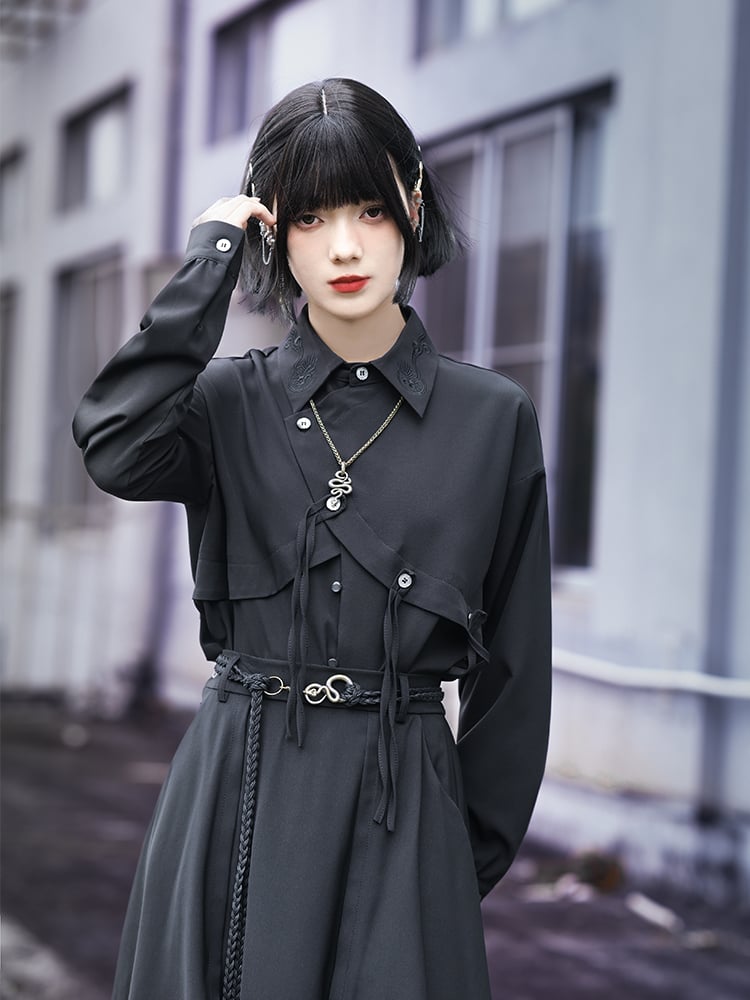 Shirt Patchwork Cheongsam Crow Gothic Asymmetric Faux Embroidery Two-Piece with Black