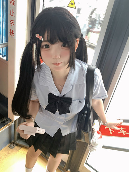 Short Sleeves Preppy Style Uniform Shirt Blue/Gray/Green Striped JK Pattern