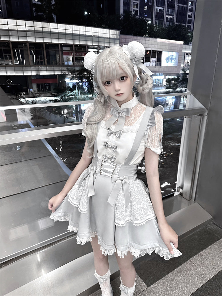 Illusion Details Weiß Grau Bowknot Jirai Kei Ausschnitt Bluse