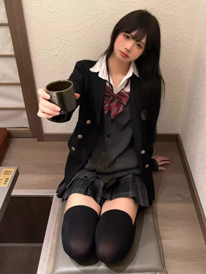 Pattern Dark JK Skirt Pleated Uniform 39CM Plaid Gray