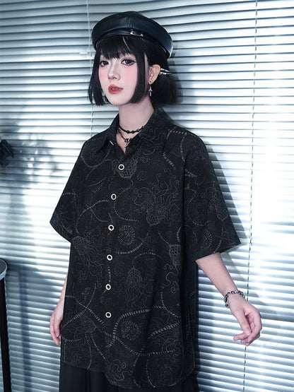 Black Sea Lily Print Loose Short Sleeve Shirt - Quirky Hut