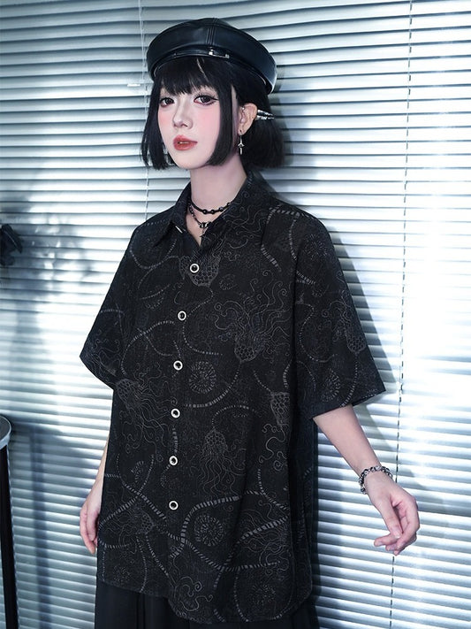Black Sea Lily Print Loose Short Sleeve Shirt - Quirky Hut