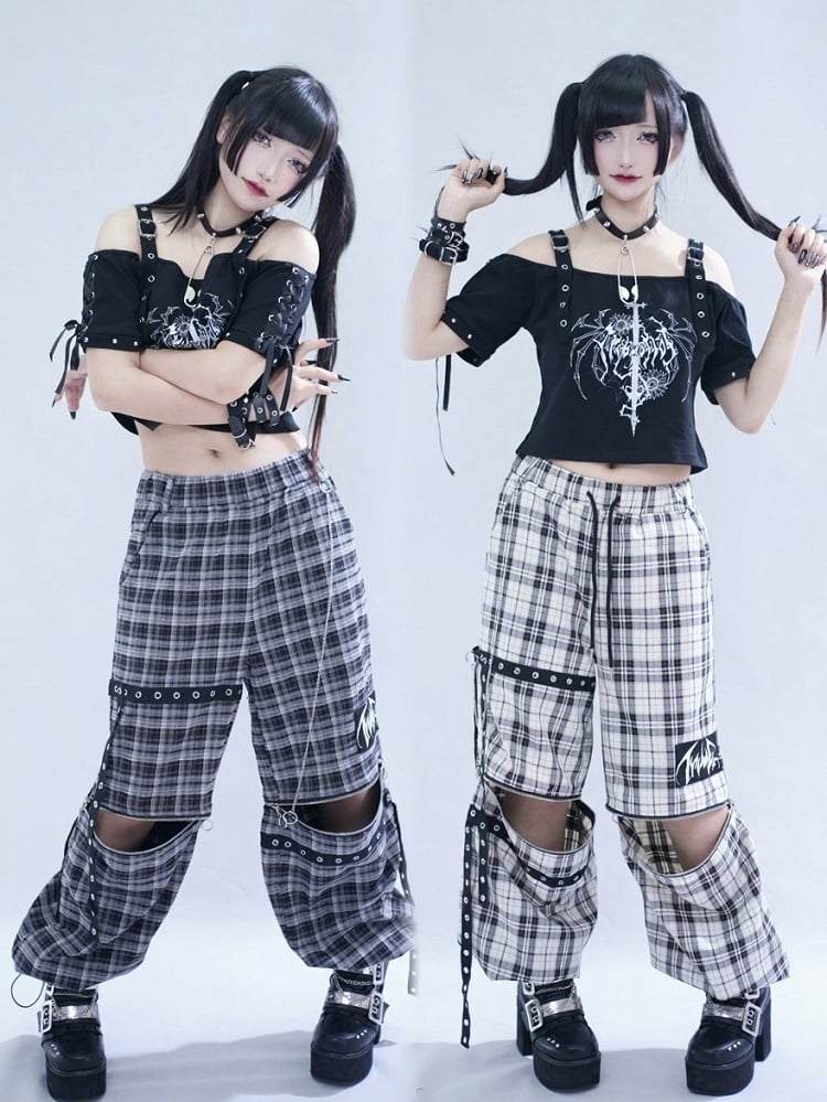 Off-White Plaid Pants with Detachable Legs & Chain Details - Tribuo Flos