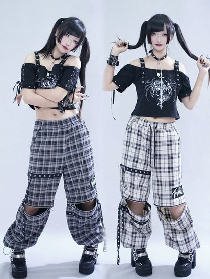 Off-White Plaid Pants with Detachable Legs & Chain Details - Tribuo Flos