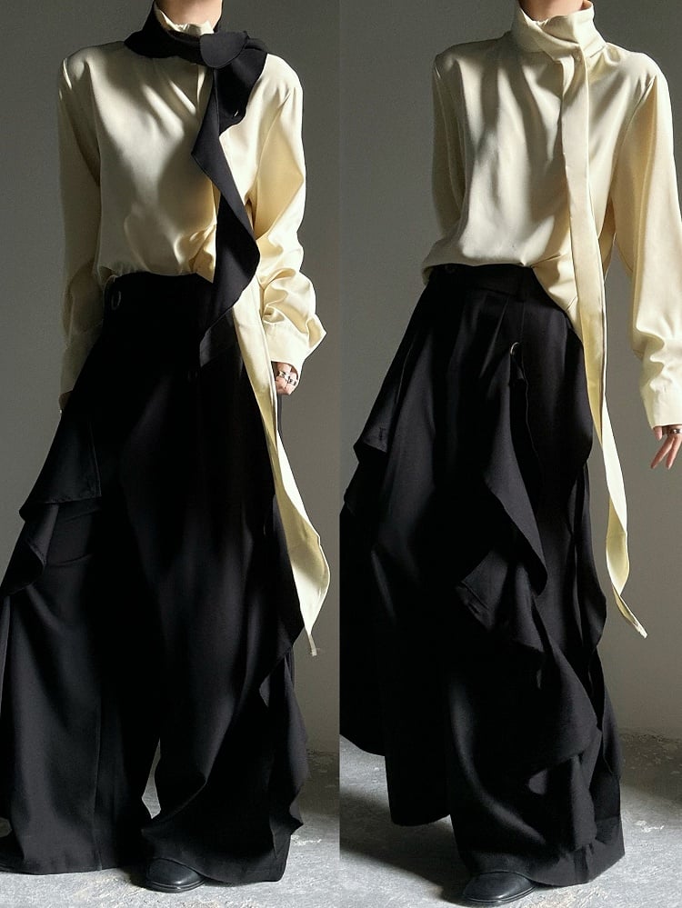 Accents with Zip Black Pants Ruffle Wide-leg Closure Ouji and - Cascading Button