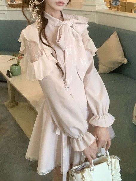 - Tie and Beige Polished Refined Neck Bow Ojou-sama Dress Shoulders Jirai Style Lace with Cutout Kei