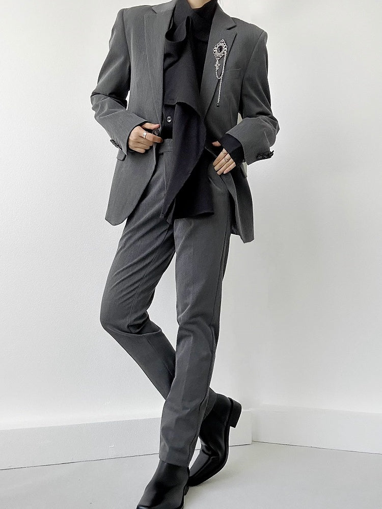 Lolita Straight-Leg Loops Pants Ouji Gray Pockets with Slant High-waist Belt