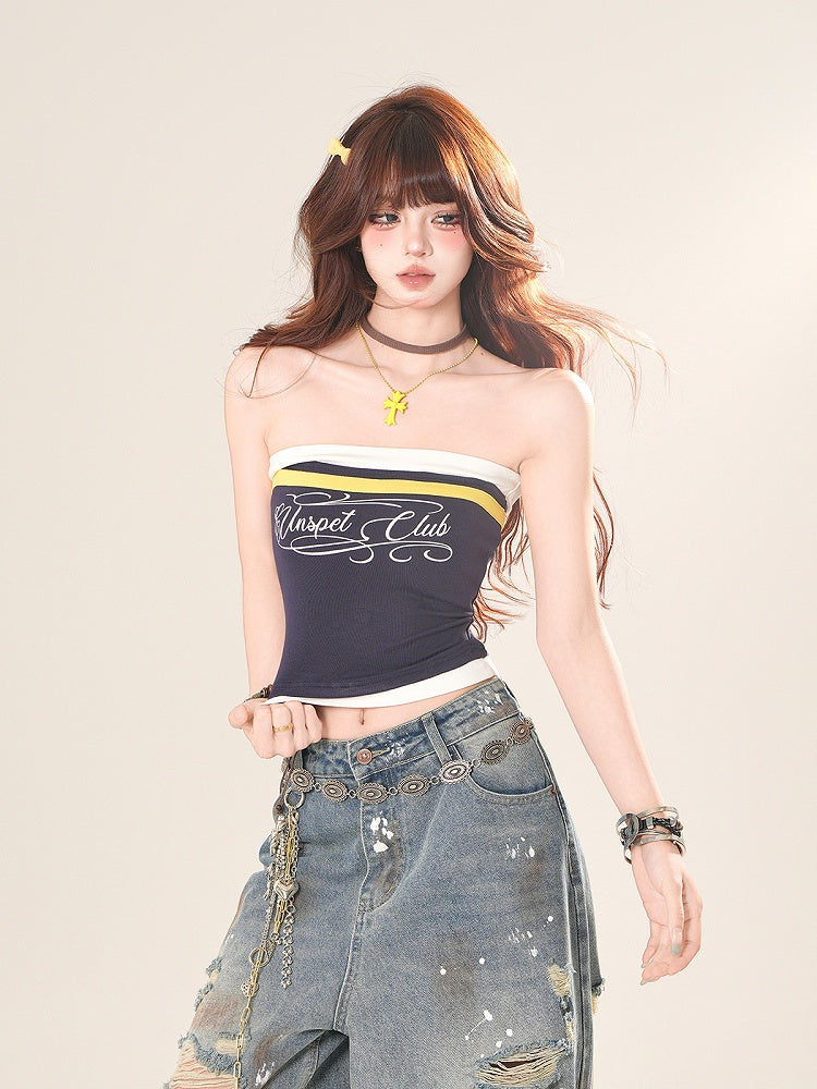 ネイビーブルー/ブラックレタープリントクロップドストラップレストップ