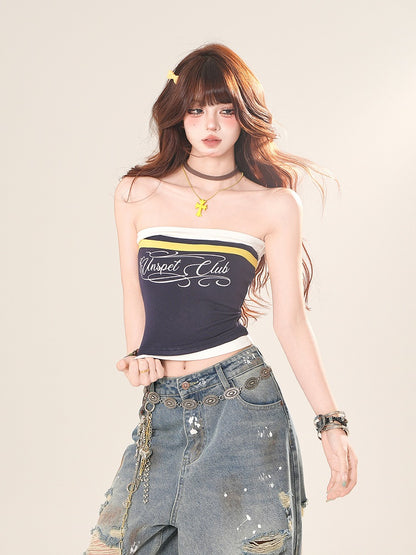 ネイビーブルー/ブラックレタープリントクロップドストラップレストップ