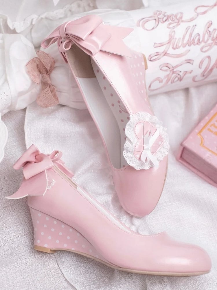Pink Sweet Lolita Wedge Mary Janes – Detachable Lace Heart & Bow Accents | SANERBBY