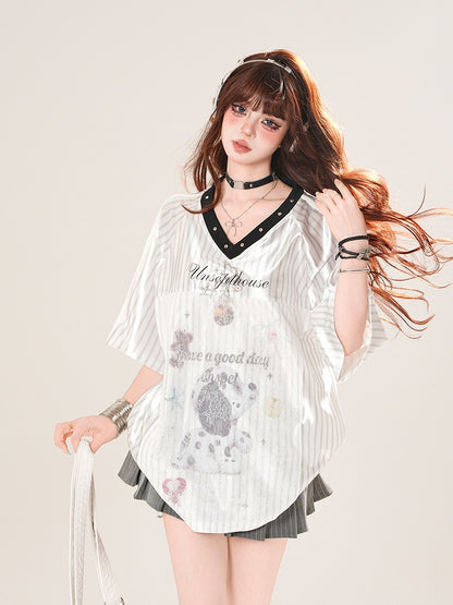 ピンク/シルバー ブロケット コア Vネック ストライプ Tシャツ