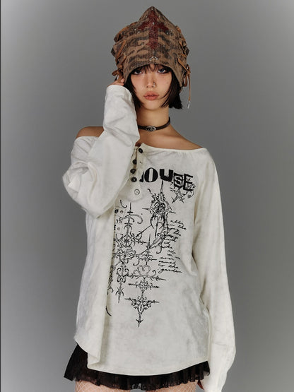 Apricot Off-the-shoulder Graphic Cotton Top Distressed Neckline