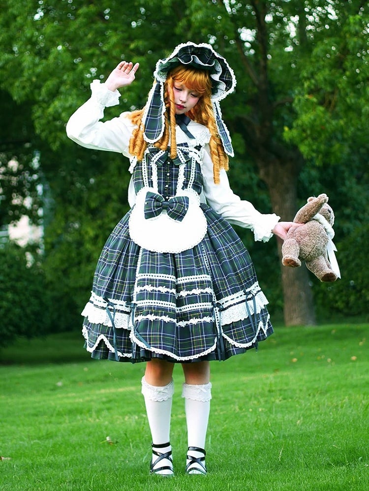 Accents Skirt Jumper Trim Plaid Bow Scalloped Sweet Edge Green with Lolita