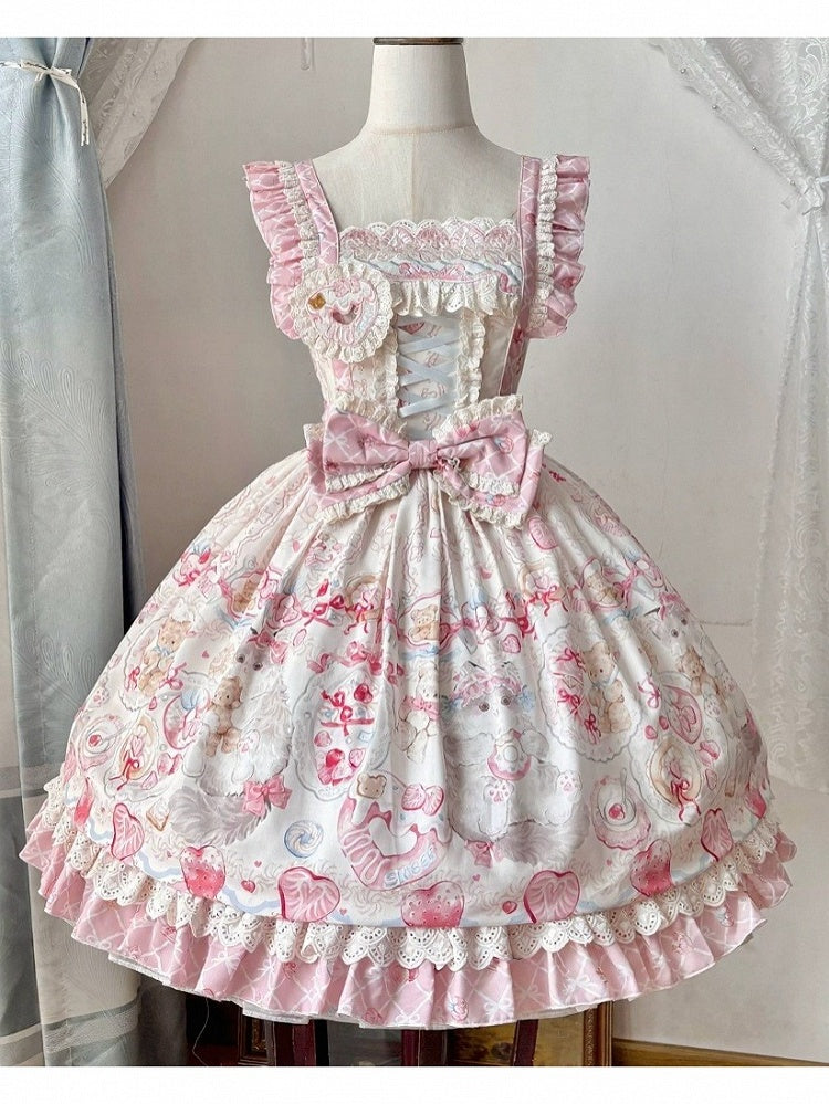 Pink Sweet Strawberry Print Lolita JSK Dress with Detachable Bow and Heart Brooch - wawao good night bear
