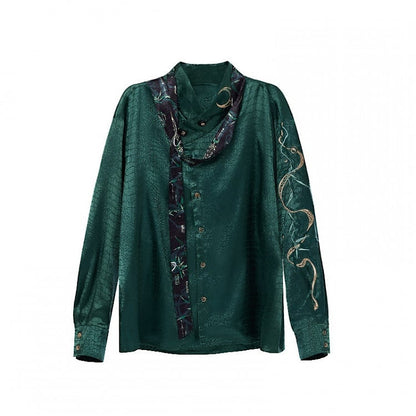 Jacquard Chinese Unisex Snakeskin Shirt Embroidery Style Green with