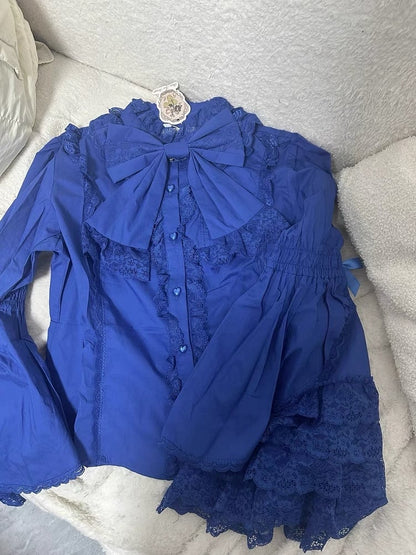 Blue Lace with Blouse Trims Cotton Bell Klein Lolita Sleeves
