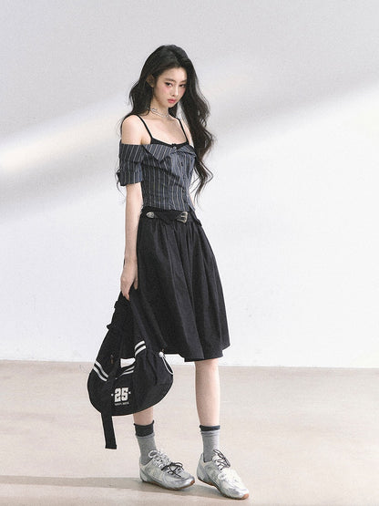 ツーピース オフショルダー ネックライン ブラック＆グレー ストライプ トップス フェイク