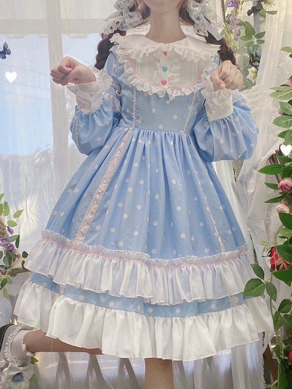 Lolita Long Sleeve Ruffle OP Blue Fresh Dot Dress Details with Polka