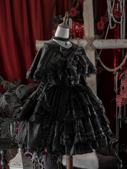 Bow Black Lolita Gothic Big Cape Self-tie Neckline