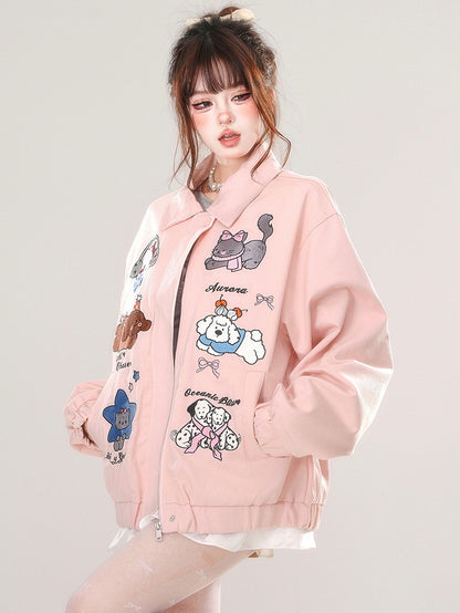 Pink/Apricot Cute Animal Zip Placket Baseball Jacket