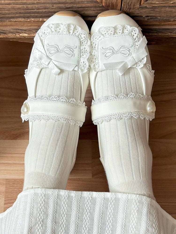 Heart-Adorned Bow Velcro Trim Sweet - Details Flat Lolita Lace Straps White Shoes