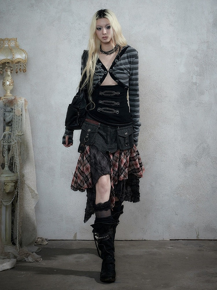 Black Striped V-Neck Hooded Knit Top with Long Sleeves & Faux Two-Piece Punk Style - NO ROMANCE