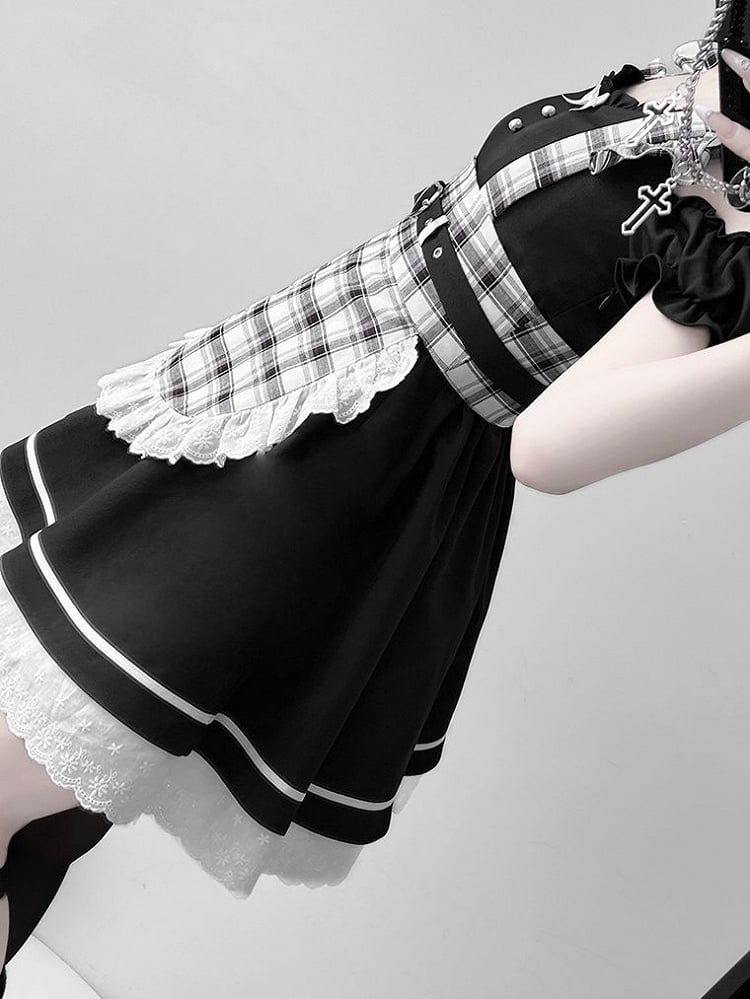 Set Black Piece + One Shoulder Plaid Cutout Apron Maid Lolita