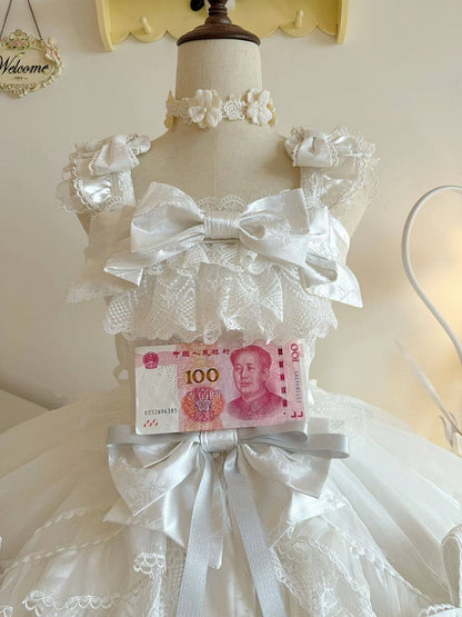 Lolita Accents Ruffle Skirt with Princess Layered Silver Dress White JSK and Bow