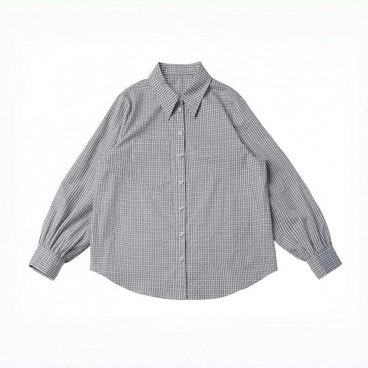 Kawaii Gray White Long Sleeve Plaid Shirt - PINK SAVIOR