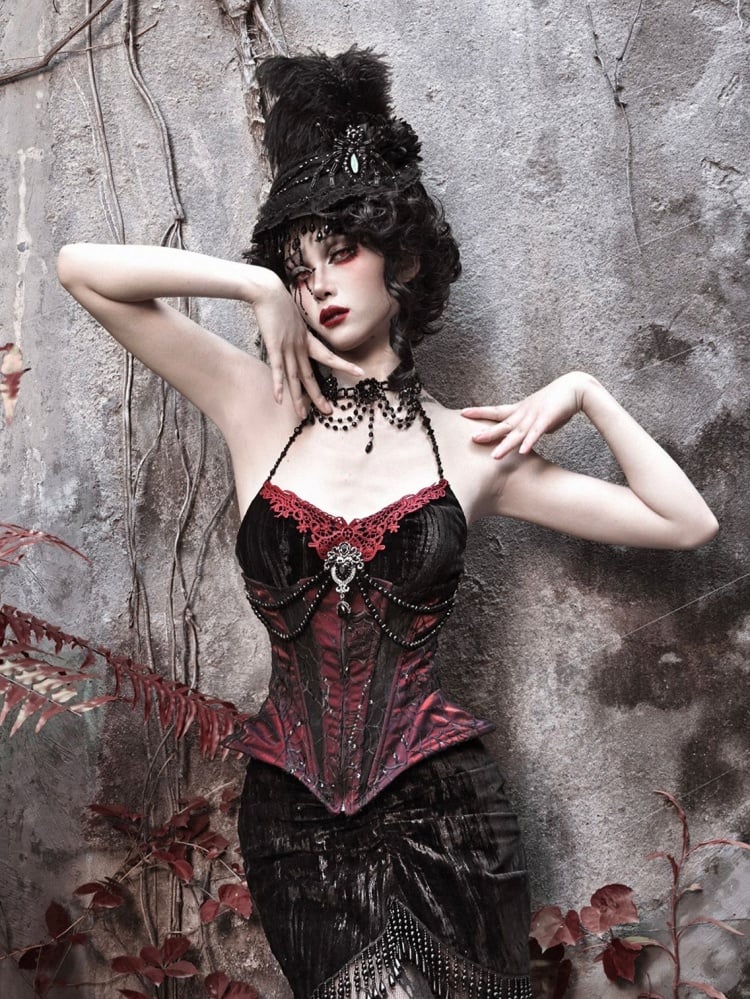 Goth Spiderweb Spitze Weinrot Vampir Korsett mit Knochen