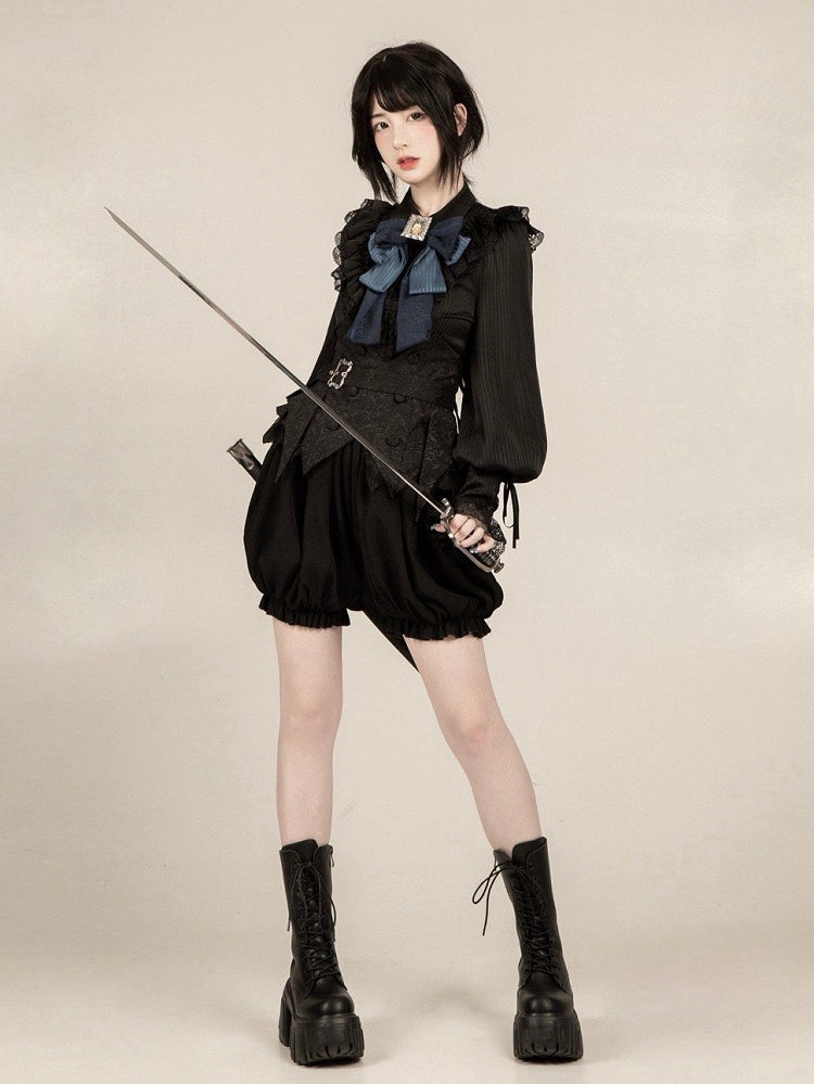 ストラップ付きブルー - ブラックブルマー王子ボウタイボーンセットベルトコルセットショーツロリータ+ゴシック