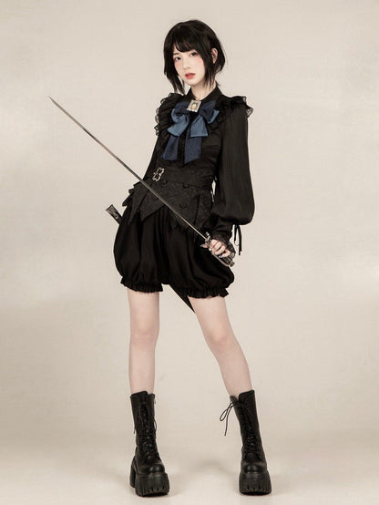 ストラップ付きブルー - ブラックブルマー王子ボウタイボーンセットベルトコルセットショーツロリータ+ゴシック