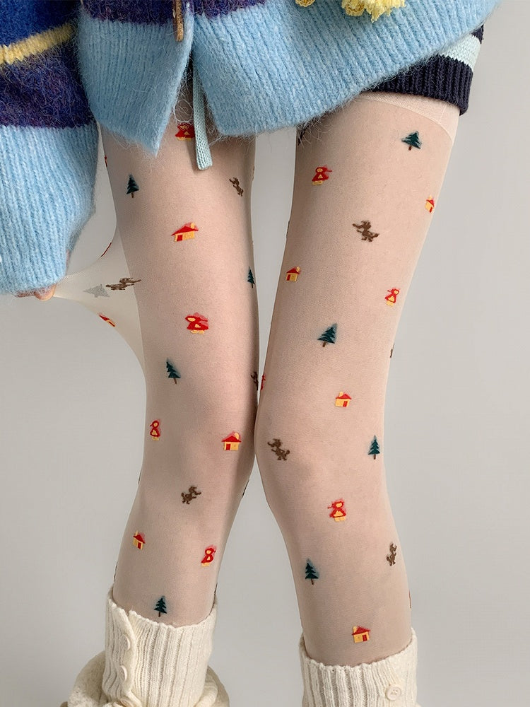 Pantyhose Tree Pattern Cartoon Sheer Christmas