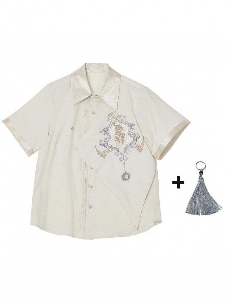 White Gold Thread Dragon Shirt - Qing Tang Original