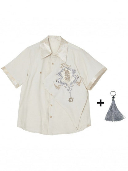 White Gold Thread Dragon Shirt - Qing Tang Original