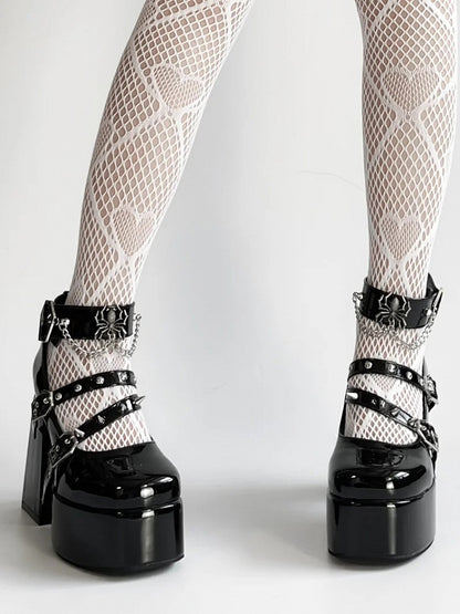 Studded Polished Coffin-Shaped Spider High Block - Black Accents Platform Details Heels Buckle Gothic with