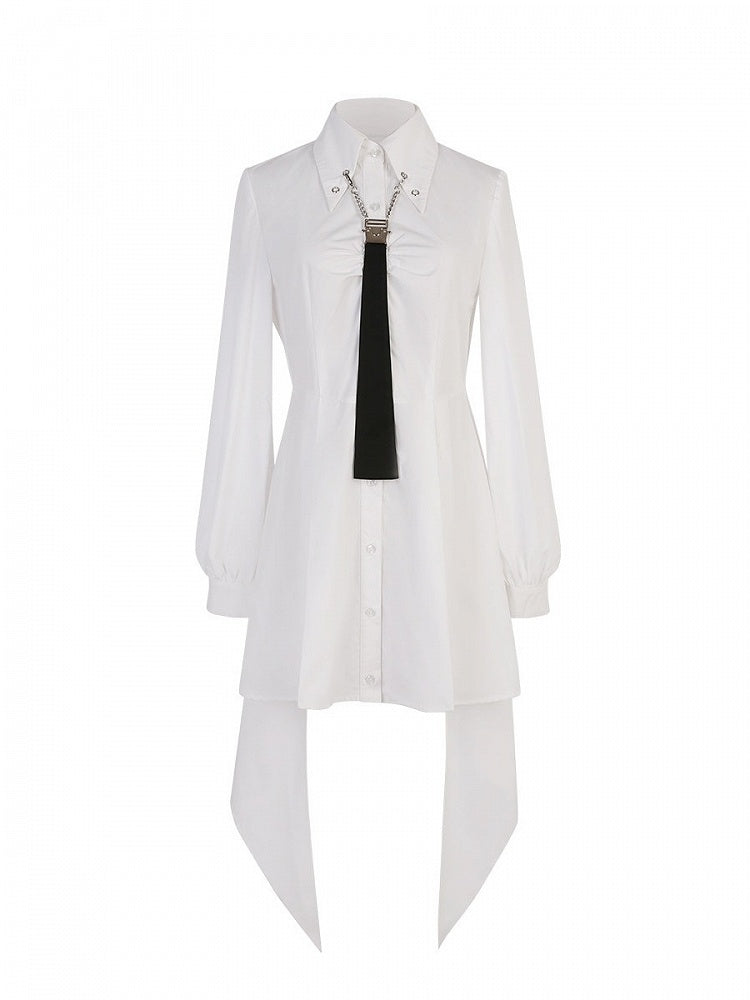 White Button-Front Long Gown with Necktie and Flowing Hem