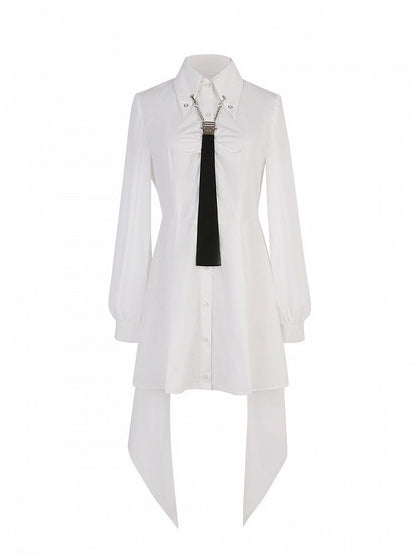White Button-Front Long Gown with Necktie and Flowing Hem