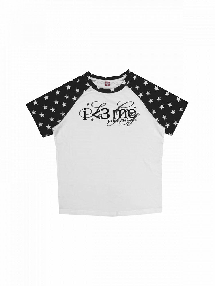 Gender-Neutral Star and Letter Print Short Sleeve Raglan Tee in Black and White - DETW OnLine